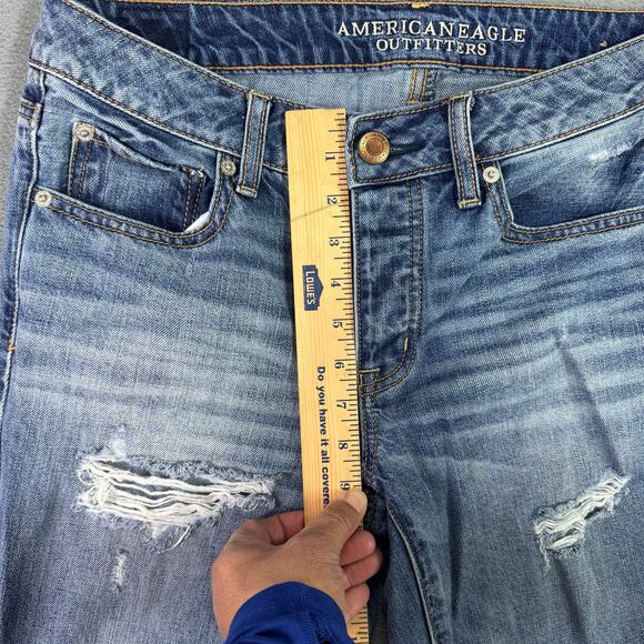 VTG American Eagle Womens Jeans Button Fly Boy Crop Mid Rise Blue Distressed‎ 4 - Picture 6 of 10